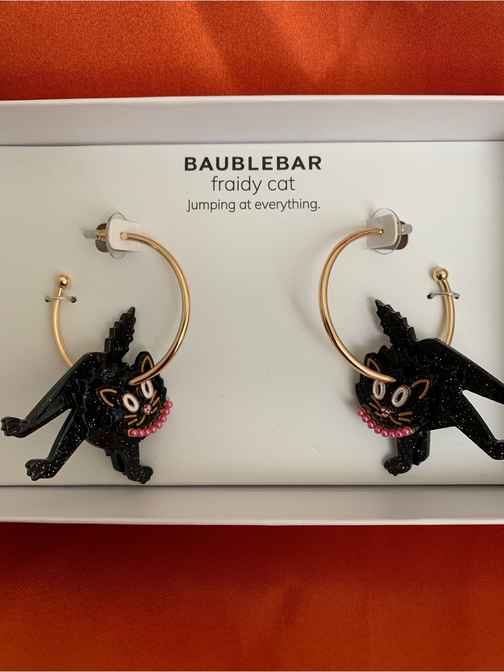 BaubleBar Black Cat Hoop Earrings with Pink Bead Collar FLAT PRICE